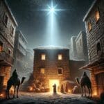 A star shines over the house where the infant Jesus lives.