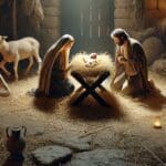 Mary and Joseph kneel beside the manger with Jesus inside.
